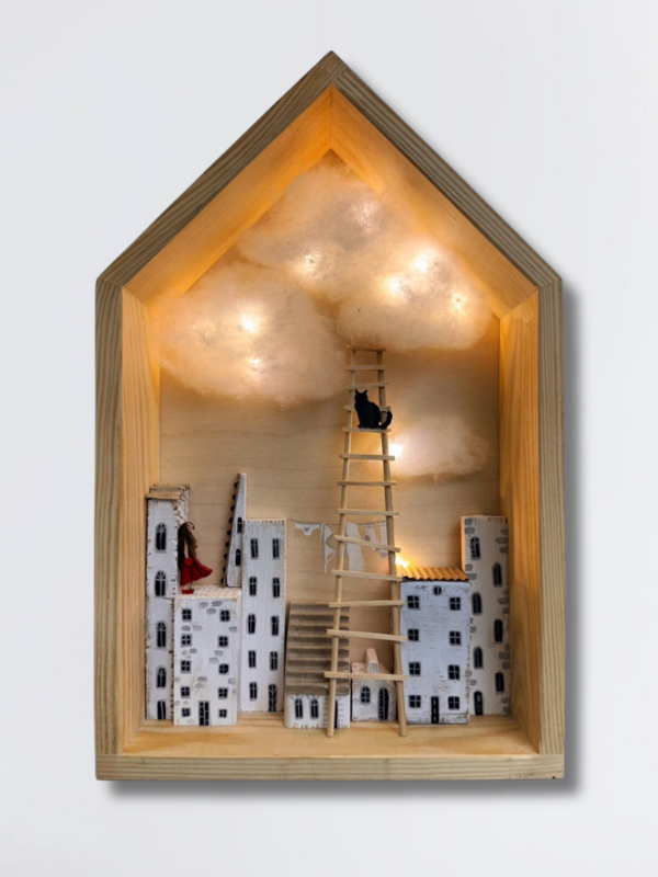 2d shadow box φωτιζόμενο χειροποίητο διακοσμητικό παραμύθι στο κουτί σκάλα στον ουρανό