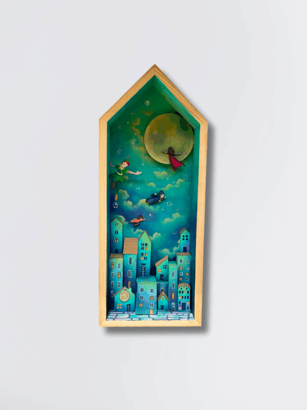 Παραμυθένιο κουτί Peter Pan – 3D shadow box με τα παιδιά να πετούν πάνω από το Λονδίνο, διακοσμητικό παιδικού δωματίου, δώρο βάφτισης και δώρο γενεθλίων